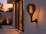 3in1 Solar Flame Torch Light as patio pedestal light with warm flame glow
