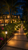 Luxury villa with solar garden lights illuminating the driveway under a starry sky