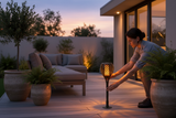 Placing 3in1 Solar Flame Torch Light as patio pedestal on outdoor deck