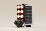 Solar street light with six LED light modules, solar panel, and three PTZ camera lenses