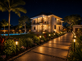 Solar path lights lining garden walkway leading to modern villa at night
